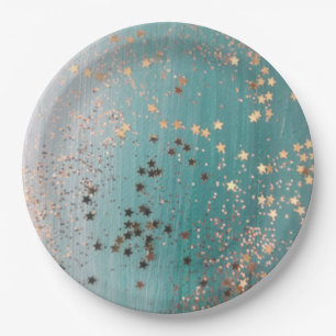 Shimmery Gold Stars auf Aquamarin Pappteller