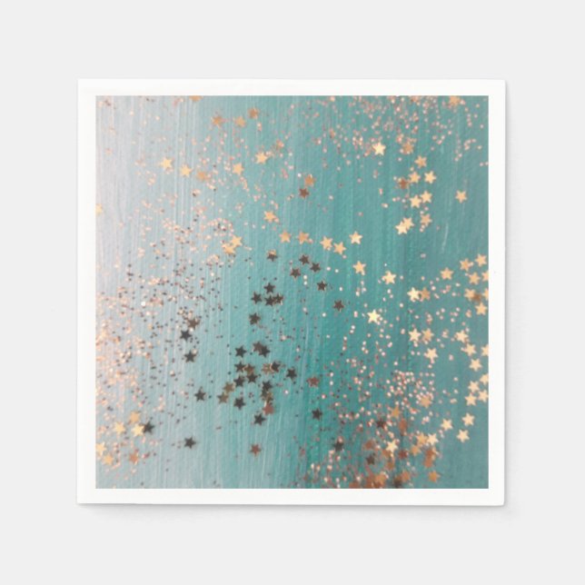 Shimmery Gold Stars auf Aquamarin Serviette (Vorderseite)