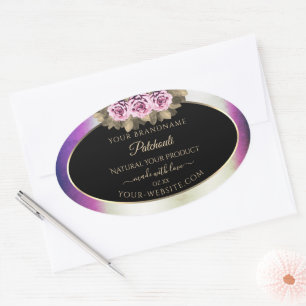 Shimmery Lila Marmorfloral-Schwarze Produktzeichen Ovaler Aufkleber