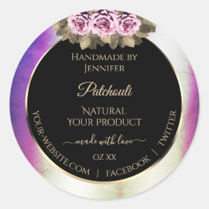 Shimmery Lila Marmorfloral-Schwarze Produktzeichen Runder Aufkleber