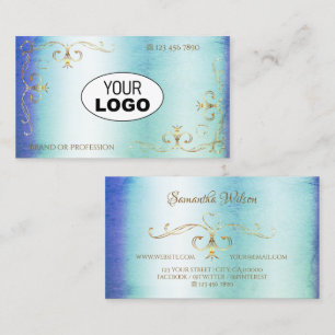 Shimmery Marble Blue Aquamarin Gold Verziert Corne Visitenkarte