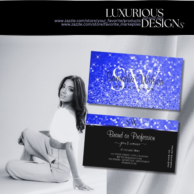 Shimmery Royal Blue Glitzer Sparkle Stars Monogram Visitenkarte (Von Creator hochgeladen)
