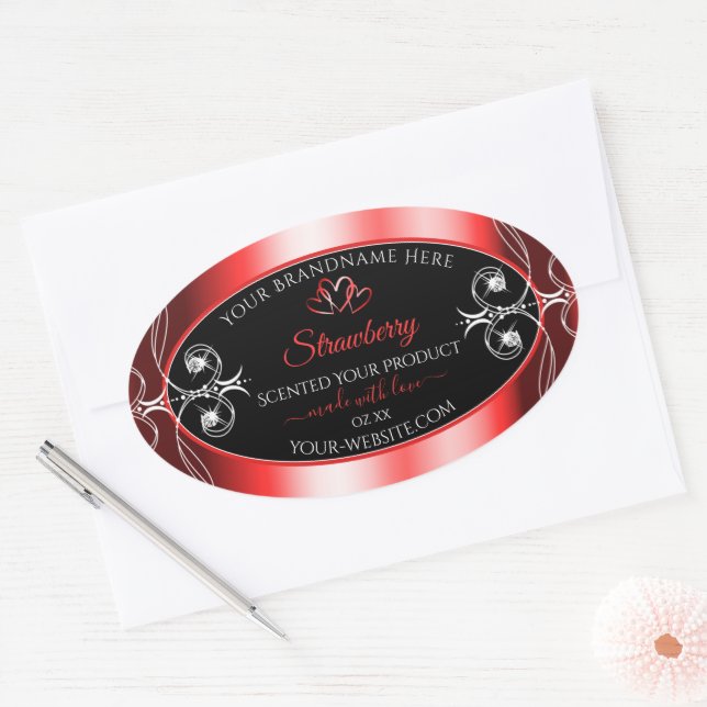 Shimmery Ruby Red Frame Black Product Label Juwele Ovaler Aufkleber (Umschlag)