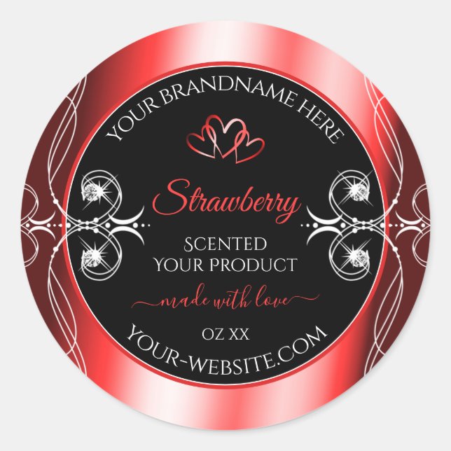 Shimmery Ruby Red Frame Black Product Label Juwele Runder Aufkleber (Vorderseite)