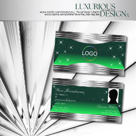 Shimmery Stars Green Silver Borders Logo und Foto Visitenkarte
