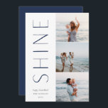 Shine on | Modern 3 Foto Collage Hanukkah Feiertagskarte<br><div class="desc">Ein elegantes und elegantes Hanukkah-Kartendesign mit drei Fotos,  die rechts in einem vertikalen Layout ausgerichtet sind. "Shine" erscheint neben Ihrem Foto in dezenter,  moderner Schrift. Personalisieren Sie mit Ihrem Familiennamen und dem individuellen Hanukkah Gruß unten für die perfekte Touch zu diesen cool minimalistischen 2021 Fotokarten.</div>