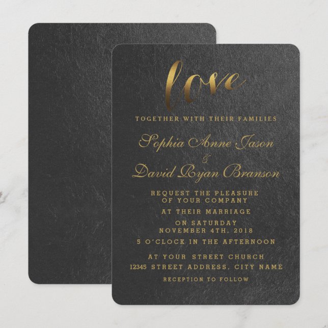 Shining Gold Foil Liebe Schwarze Hochzeit Einladun Einladung (Vorne/Hinten)
