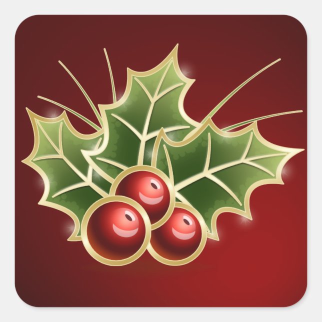 Shining Holly Berry Weihnachtsdesign Quadratischer Aufkleber (Vorderseite)
