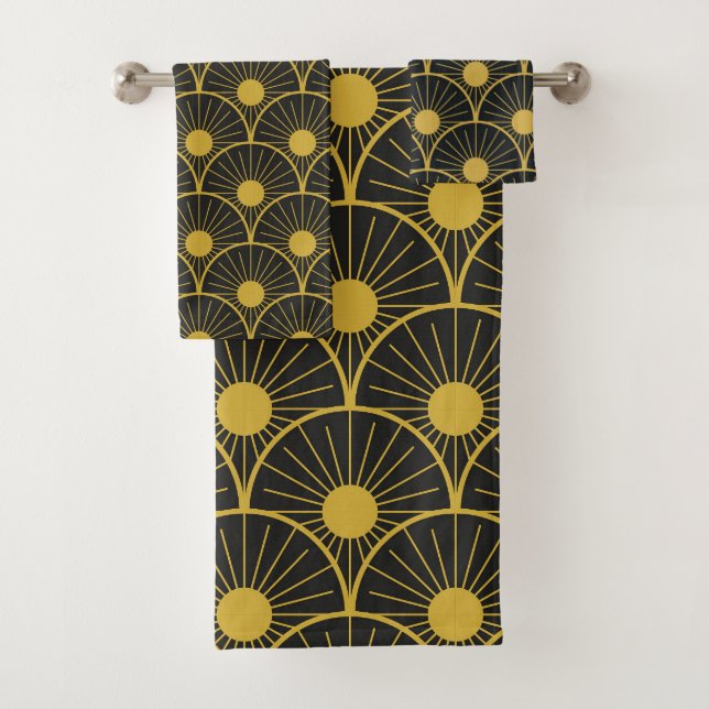 Shiny Art Deko Schwarz und Gold Badhandtuch Set (Insitu)