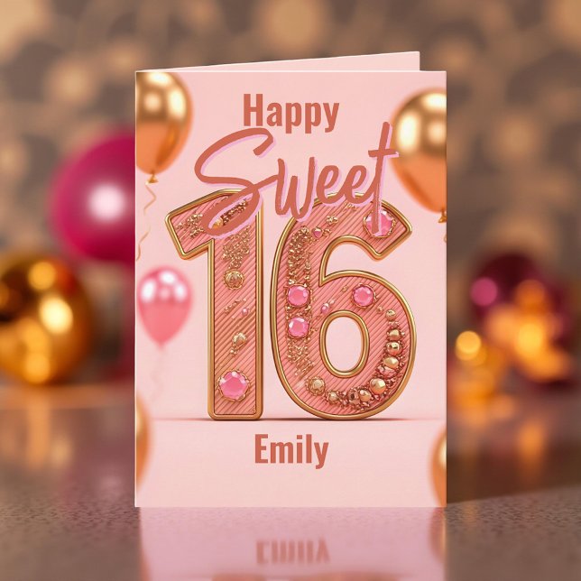 Shiny Balloons Glitzer Pink und Gold Sweet 16 Karte (Von Creator hochgeladen)
