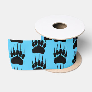 Shiny Black Bear Paw Print auf blau Satinband