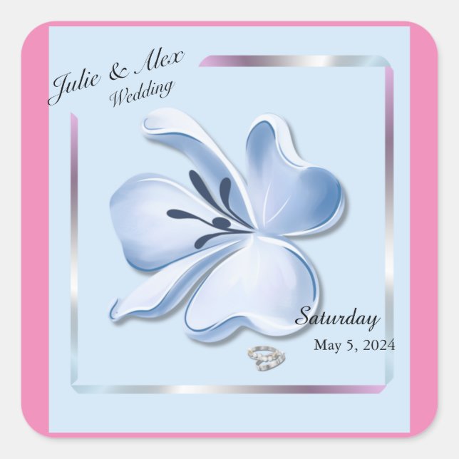 Shiny Blue Blume Wedding Wine Bottle Labels Quadratischer Aufkleber (Vorderseite)