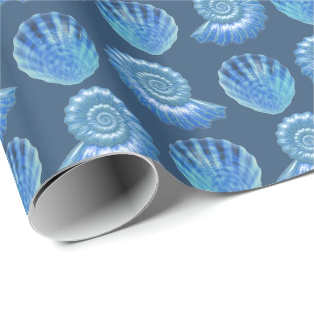 Shiny Blue Verziert Muscheln Muster Geschenkpapier (Rolleneckpunkt)