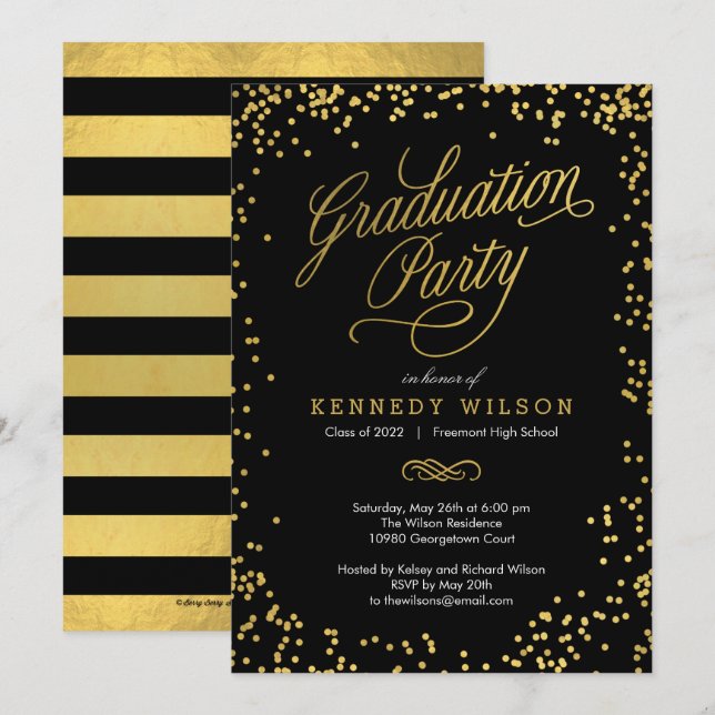 Shiny Confetti Graduation Party Einladung Black (Vorne/Hinten)