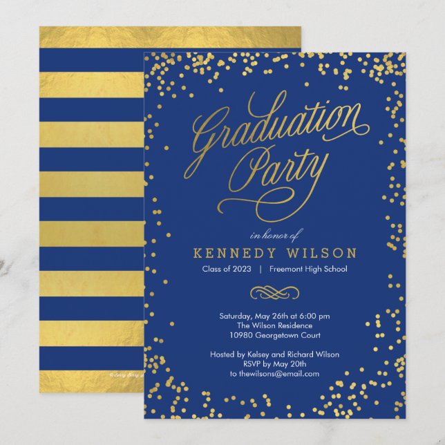 Shiny Confetti Graduation Party Einladung Blue (Vorne/Hinten)