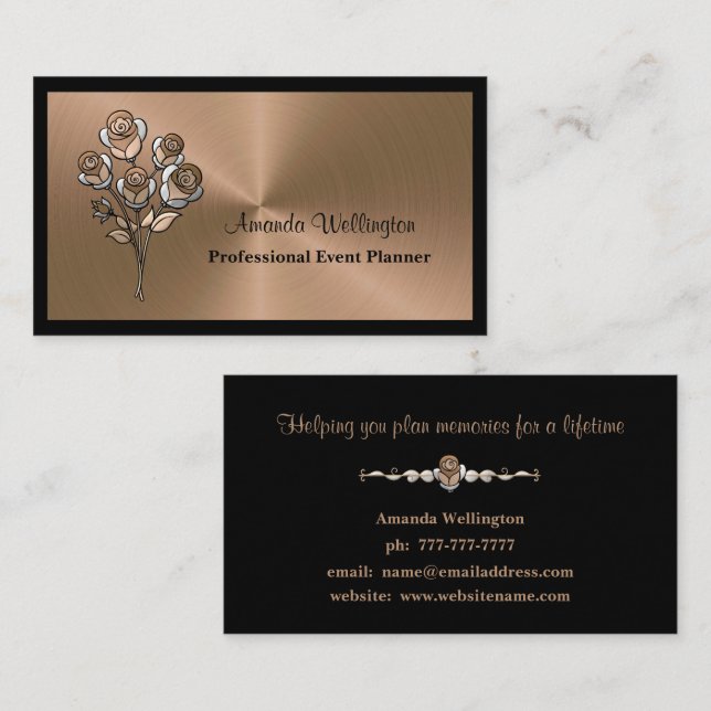 Shiny Copper Floral Event Planner Business Card Visitenkarte (Vorne/Hinten)