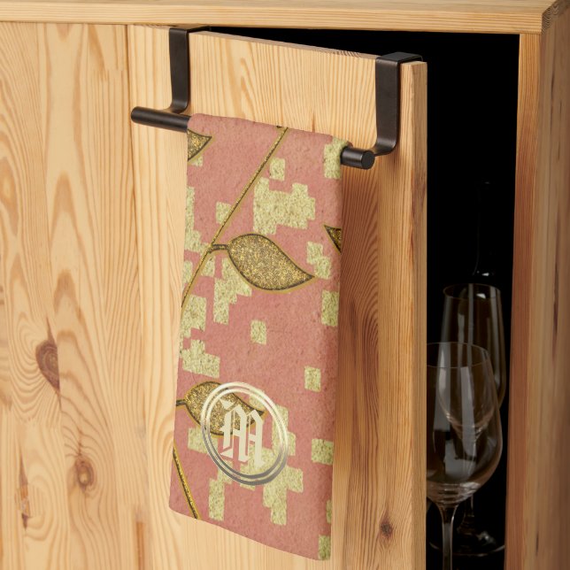 Shiny Floral Pink Mit Monogramm Geschirrtuch (Drittel gefaltet)