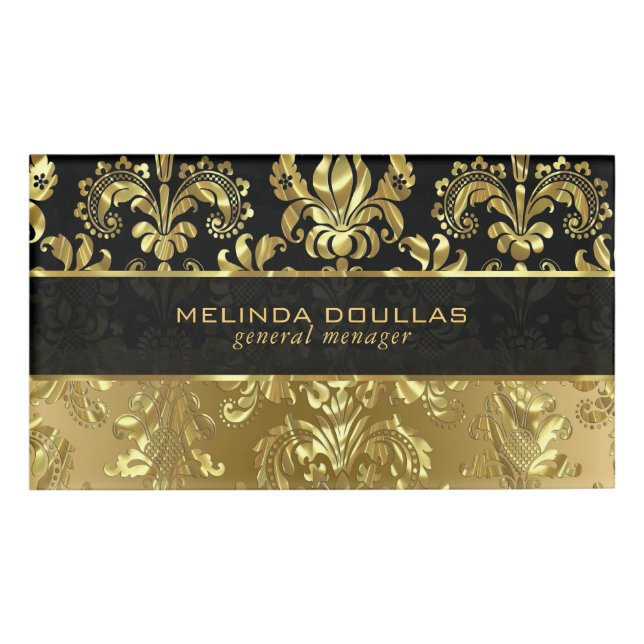 Shiny Gold & Black Floral Damasks Muster GR2 Namenschild (Vorderseite)