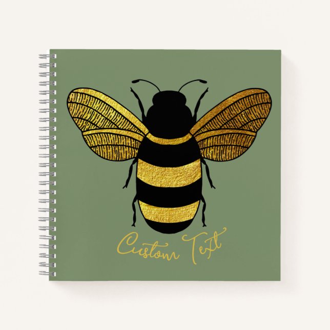 SHINY GOLD BLACK STRIPED BUMBLEBEE SAGE GREEN BIE NOTIZBUCH (Vorderseite)