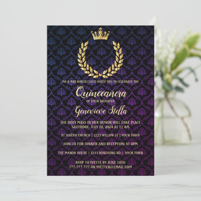 Shiny Gold Crown Quinceanera Einladung (Stehend Vorderseite)