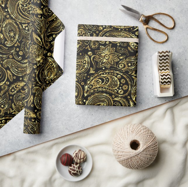 & Shiny Gold Floral paisley Muster Wrapping Pape Geschenkpapier (Kunsthandwerk)