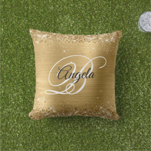 Shiny Gold Glitzer Foil Extravagant Monogram Kissen