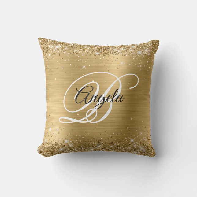 Shiny Gold Glitzer Foil Extravagant Monogram Kissen (Vorderseite)