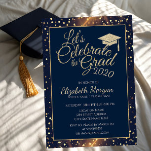Shiny Gold Glitzer Graduation Cap, Dots, Navy Blue Einladung