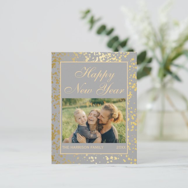 Shiny Gold Glitzer New Year Foto Grau Postkarte (Stehend Vorderseite)