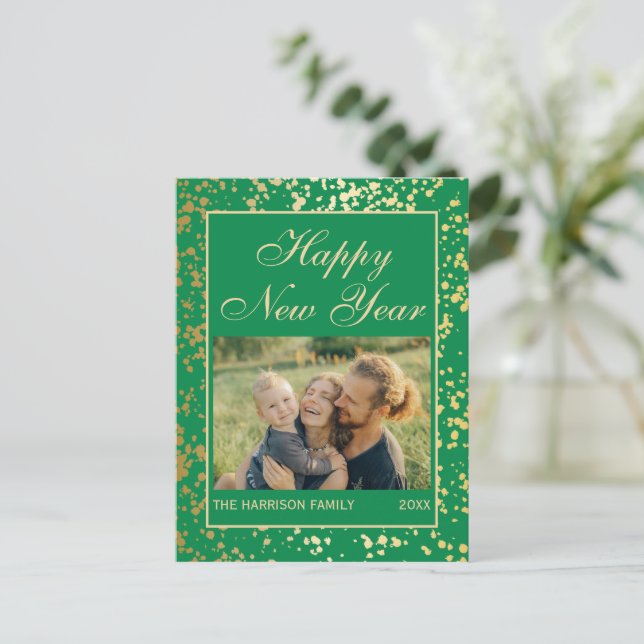 Shiny Gold Glitzer New Year Foto Green Postkarte (Stehend Vorderseite)