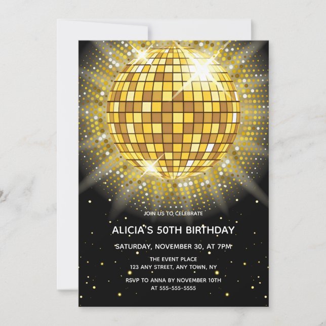 Shiny Gold Halftone Diskothek Ball Black Birthday Einladung (Vorderseite)