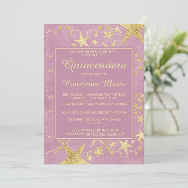 Shiny Gold on Pink Quinceanera Einladung (Stehend Vorderseite)