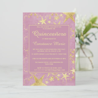 Shiny Gold on Pink Quinceanera Einladung