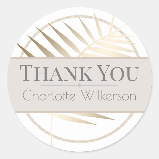 Shiny Gold Palm Leaf auf Weiß mit Glitzer Runder Aufkleber (Vorderseite)