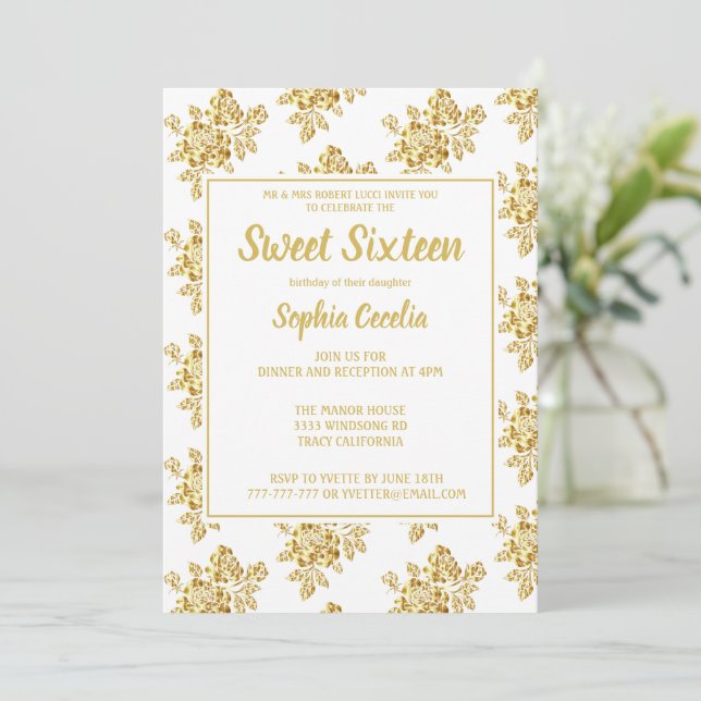 Shiny Gold Rose Sweet 16 Einladung (Stehend Vorderseite)