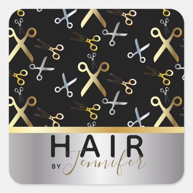Shiny Gold & Silver Scissors Muster-Haarstylle Quadratischer Aufkleber (Vorderseite)