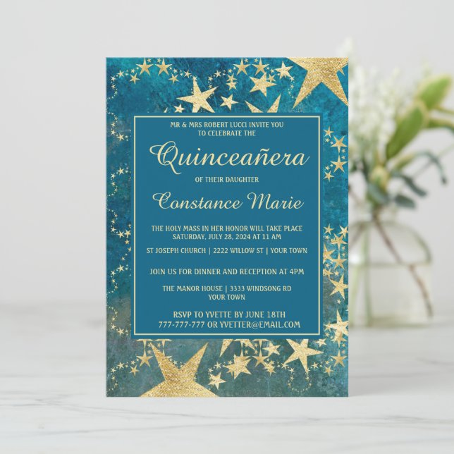 Shiny Gold und Blue Quinceanera Einladung (Stehend Vorderseite)