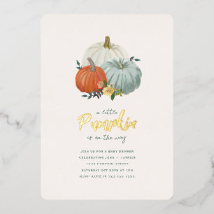 Shiny Gold und Dusty Blue Pumpkin Baby Showroom Folieneinladung