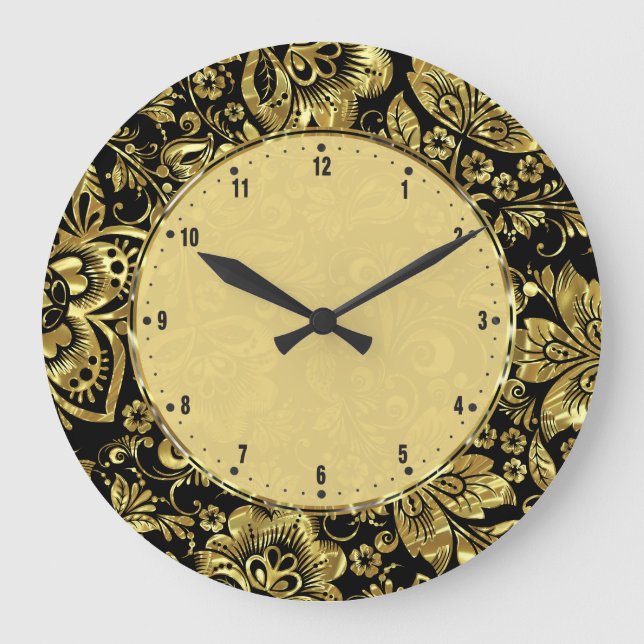 Shiny Gold Vintage Floral Damasks Große Wanduhr (Vorderseite)