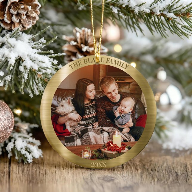 Shiny Golden Luxury Custom Family Photo Christmas Keramik Ornament (Von Creator hochgeladen)