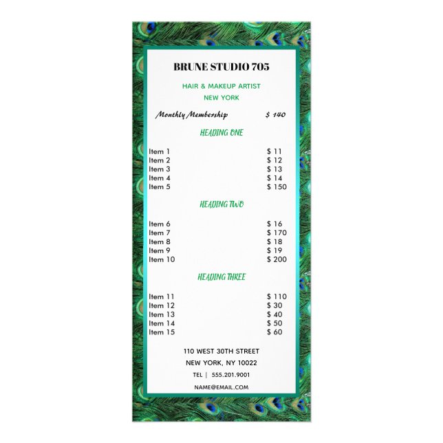 Shiny Green Peacock Feathers Price List Werbekarte (Vorne)