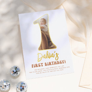 Shiny Groovy One Boho 70er Foto 1. Geburtstag Part Folieneinladung