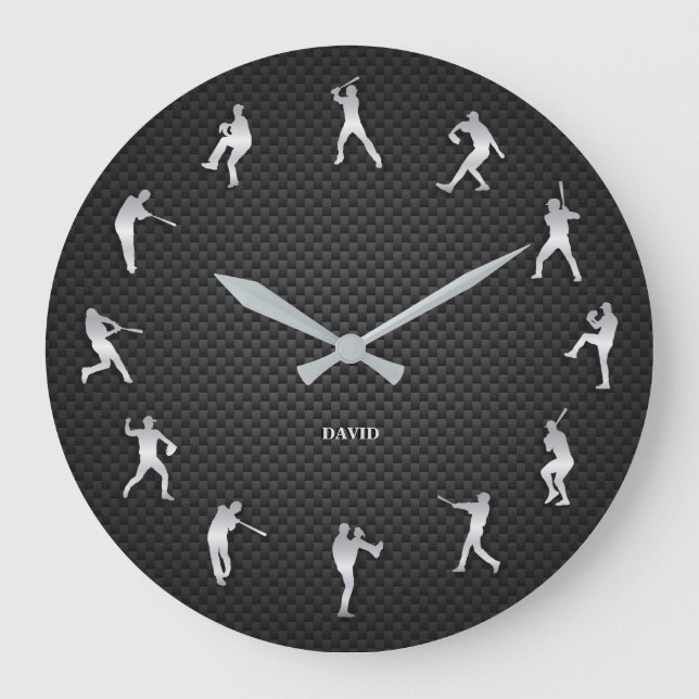 Shiny Metal Silver Baseball Player Monogram Große Wanduhr (Vorderseite)