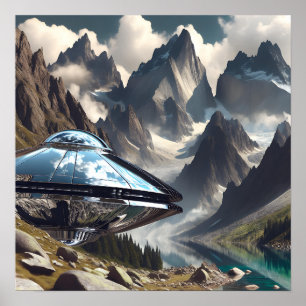Shiny Metal UFO in den Bergen Poster