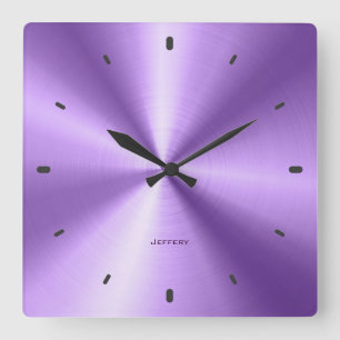Shiny-Metallic-Lila-Design-Edelstahl-Look Quadratische Wanduhr