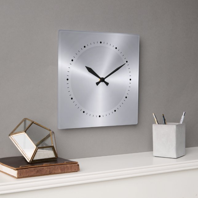 Shiny Metallic Silver Texture Stainless Steel Look Quadratische Wanduhr (Büro)
