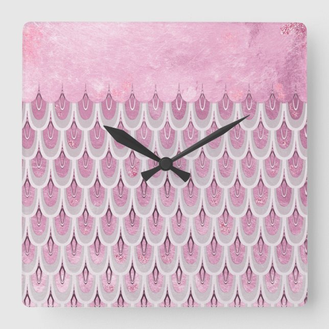 Shiny Pink Glitzer Meerjungfrau Fischskala Quadratische Wanduhr (Vorderseite)