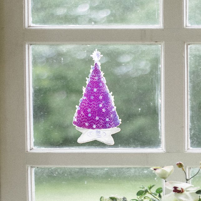 Shiny Pink Silver Christmas Tree Star Shape Rug Fensteraufkleber (Dark pink and silver shiny Christmas tree on white star shaped rug on window cling decoration.)