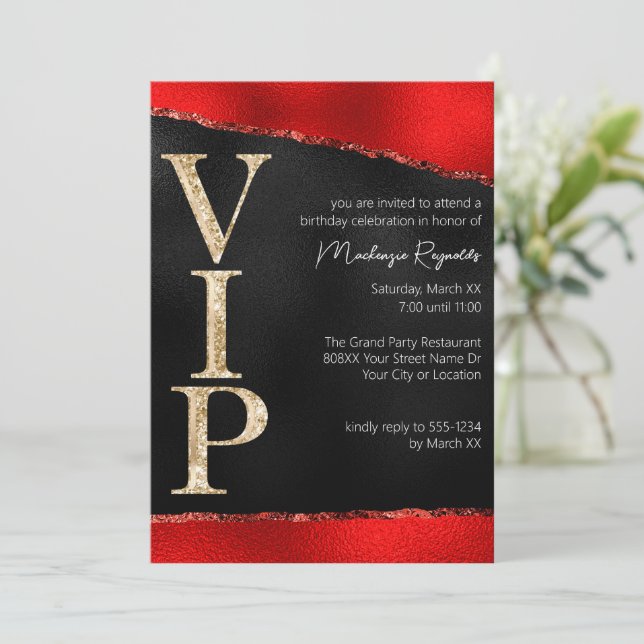 Shiny Red and Gold Glitzer Glamour VIP Party Einladung (Stehend Vorderseite)