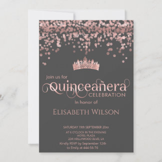 Shiny Rose gold confetti tiara Quinceañera grau Einladung